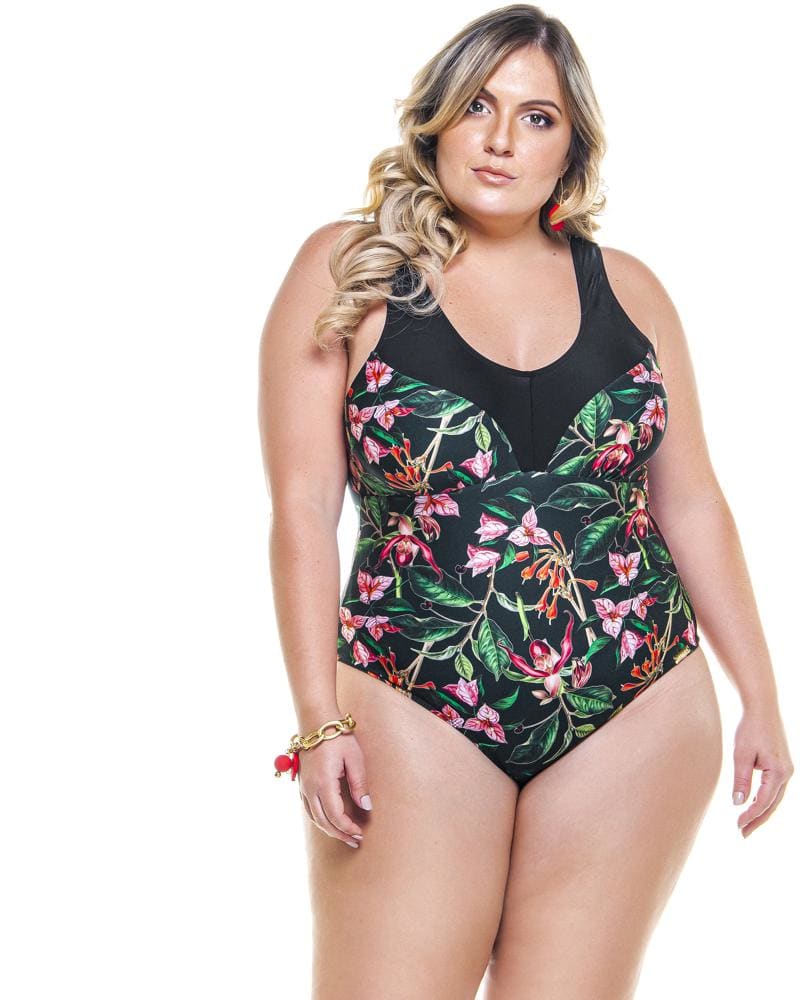 Front of a model wearing a size 18 Swimsuit With Detail In Necklace in Black Cherry Tree & Black by Lehona. | dia_product_style_image_id:267728